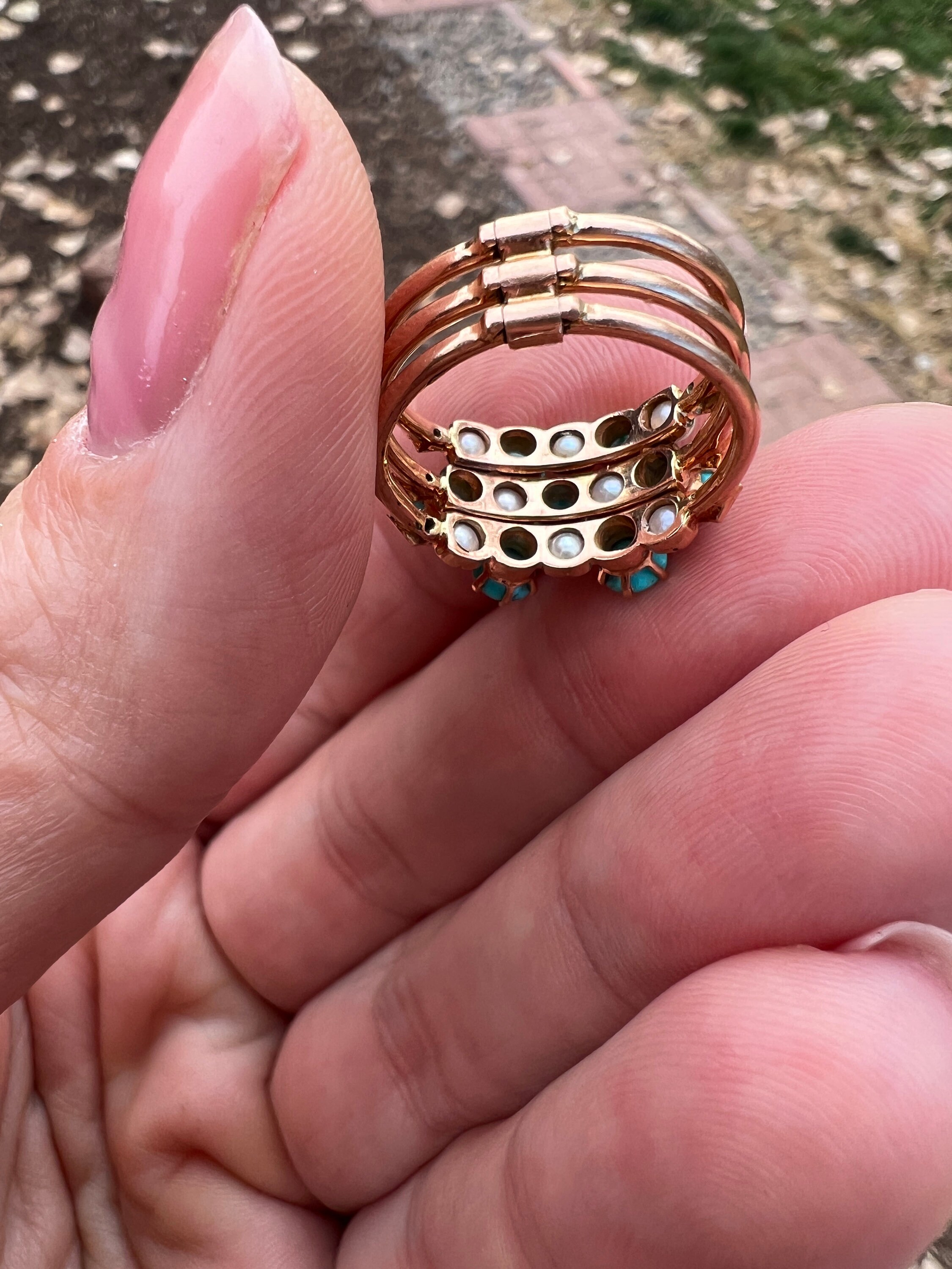 Vintage Turquoise, Pearl and Diamond Harem Ring in 14k Gold