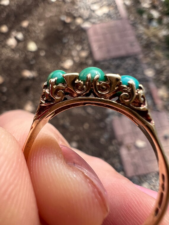 Antique 9k Gold Three Stone Turquoise Ring - image 3