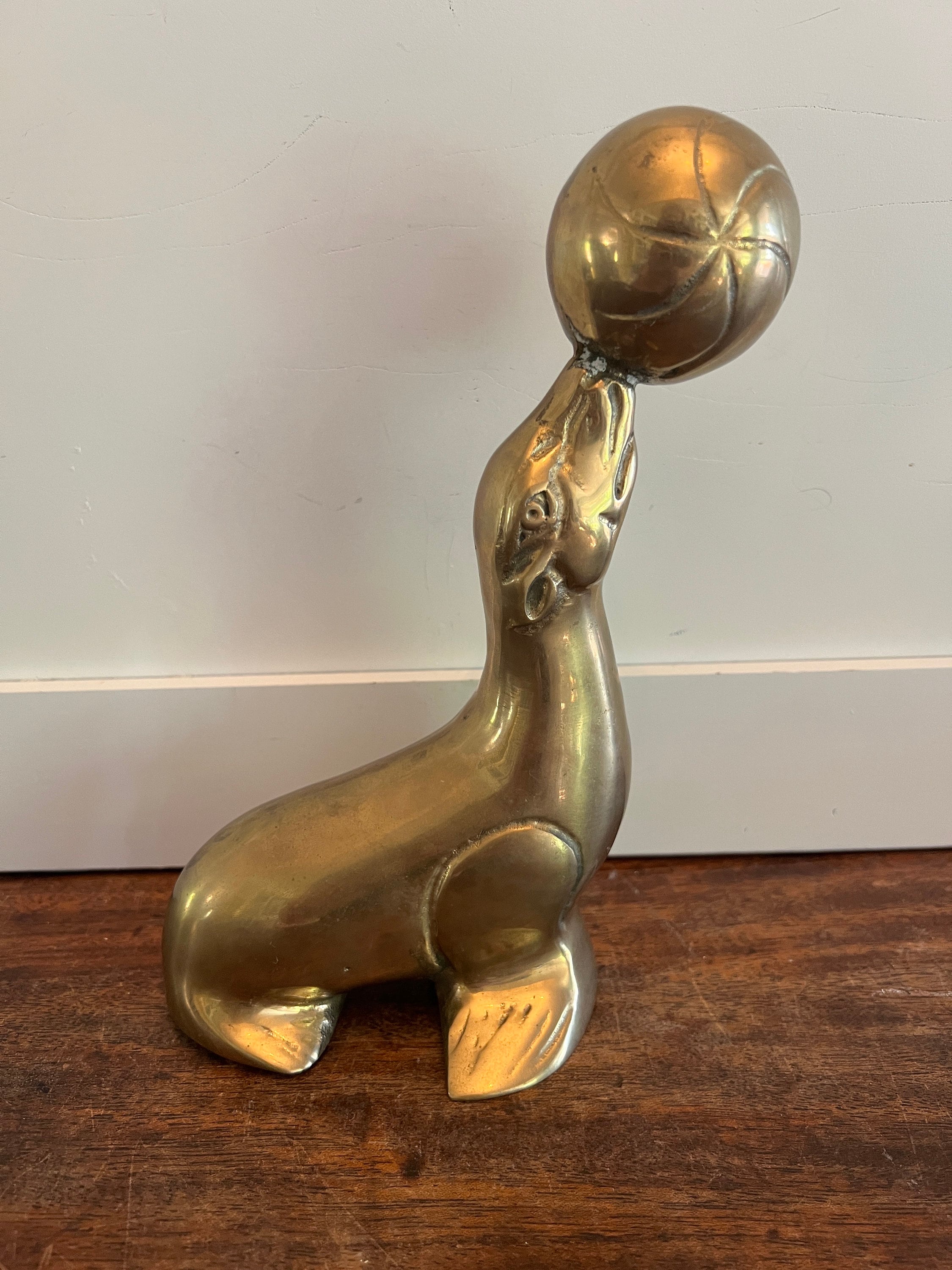 Vintage Solid Brass Seal With Ball, Mid Century Modern Large