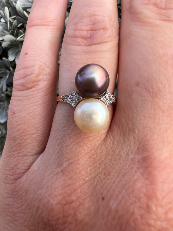 Art Deco black and white Pearl 14k gold ring with… - image 1