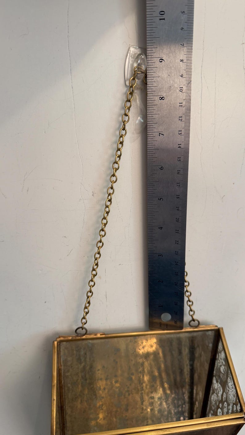 May include: A small, rectangular, hanging glass and brass terrarium. The terrarium is suspended by a brass chain and is approximately 4 inches in height. A metal ruler is placed next to the terrarium.