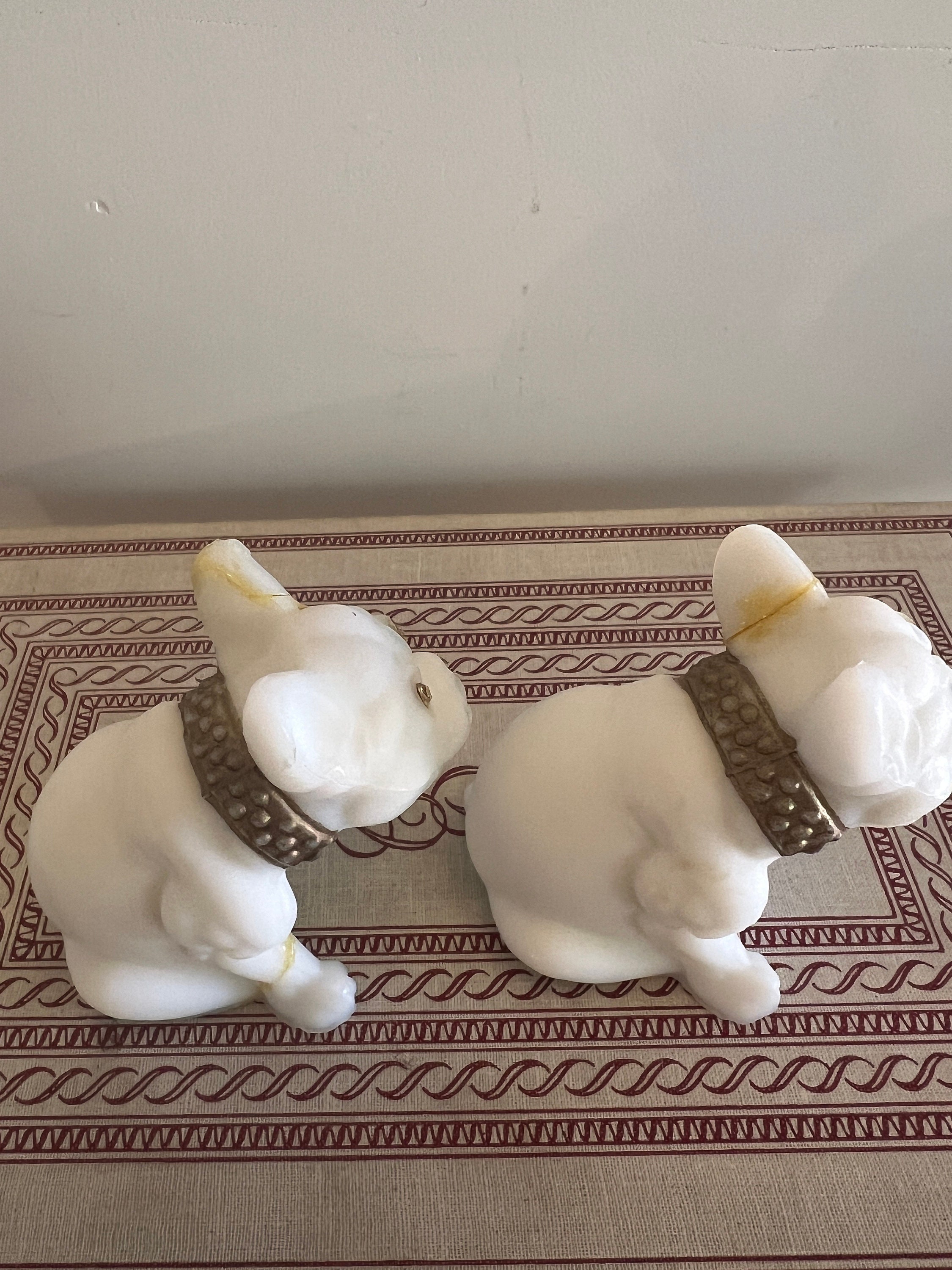 Vintage Westmoreland White Glass Bulldog Figurines With Rhinestone