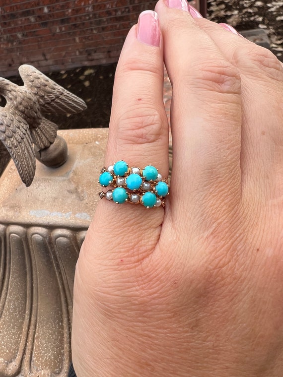 Vintage Turquoise, Pearl and Diamond Harem Ring in