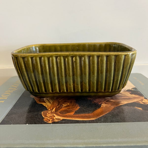 Brush Pottery Ribbed Pine Green Planter - signed Brush USA