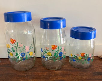 Vintage Carlton Glass Jar Cannister Set Wild Flowers Multicolor Floral Blue Lid 2L,1.5L,1L