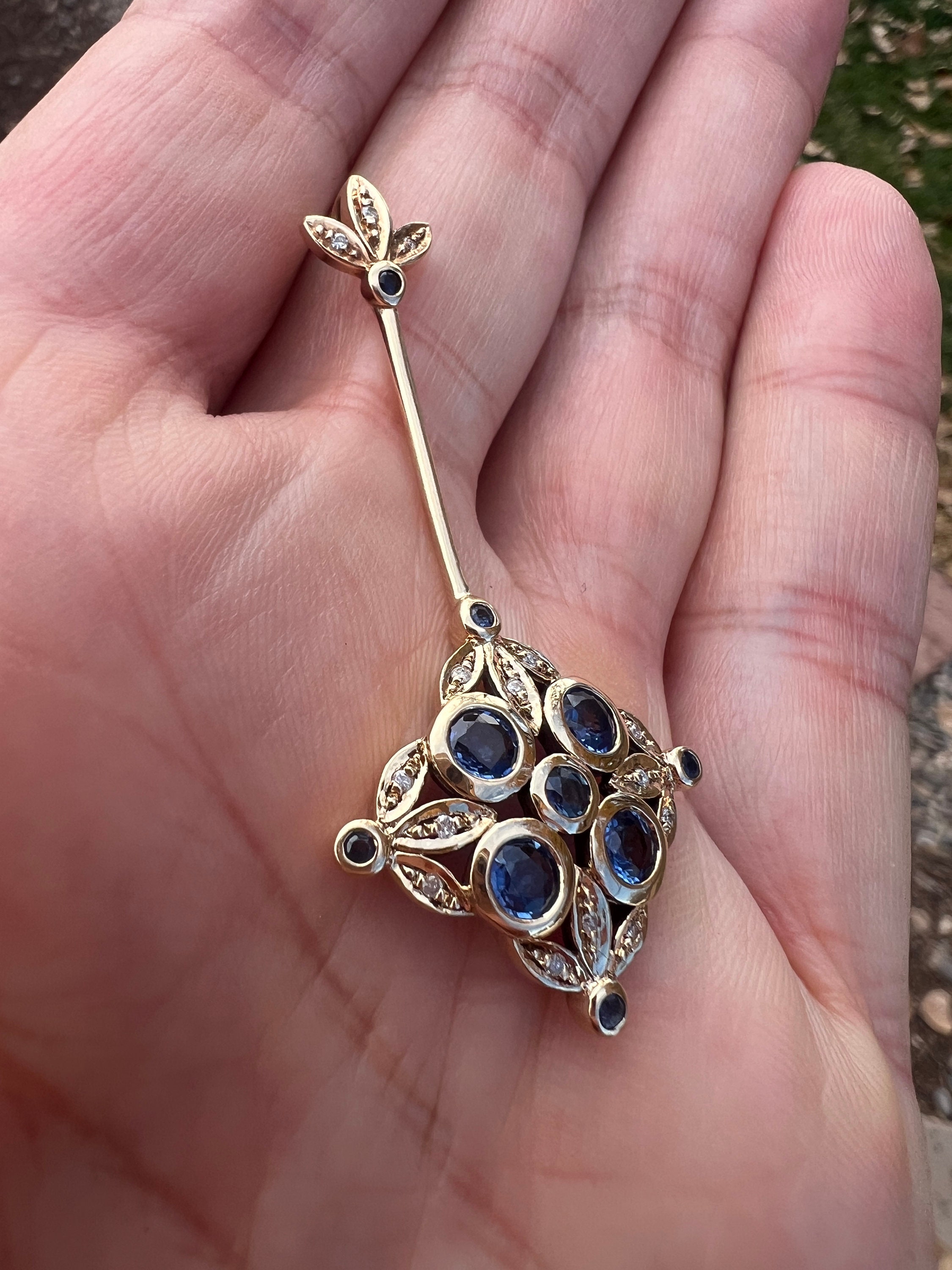 Art Deco Sapphire and Diamond 10k Gold Pin Conversion Pendant - Etsy