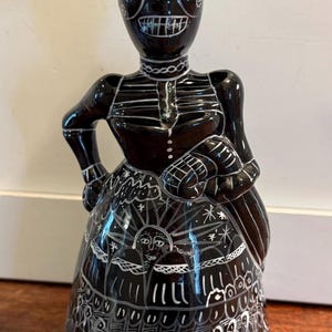 Mexican La Catrina Folk Art Figure Day of the Dead Ceramic Sculpture Black White with Glitter accents 9.5”