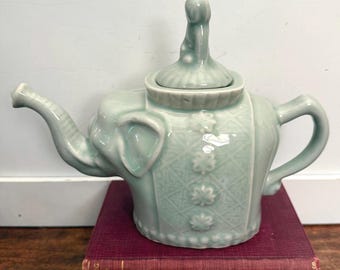 Vintage Celadon Elephant Teapot | Chinese Art Pottery, Figure Lid