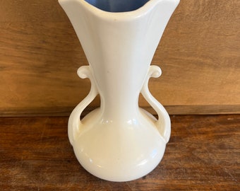 Red Wing Art Deco Vase with Swirl Handles and Blue Glaze Interior