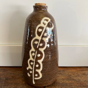 Vintage Japanese Sake Corked Pottery Vessel with Raised White Design, stoneware, Tokkuri