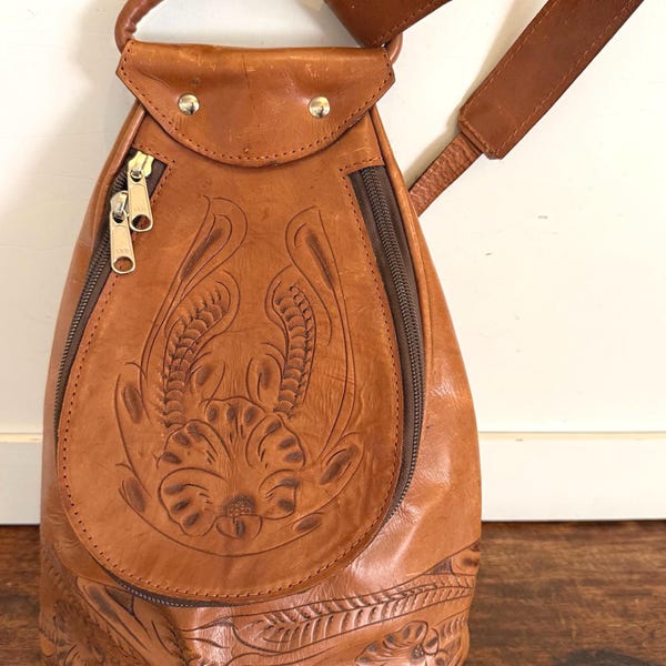 Vintage Tooled Leather Sling Backpack: Floral Western Boho Crossbody Bag