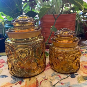 Set of 2 Vintage L.E. Smith Amber Moon and Stars Canisters, Mid Century Canister Set, Vintage L.E. Smith Glass, Moon and Stars Canisters