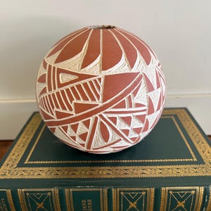 Acoma Pueblo Pottery Vase, JA Acoma, carved sgraffito in red over white clay