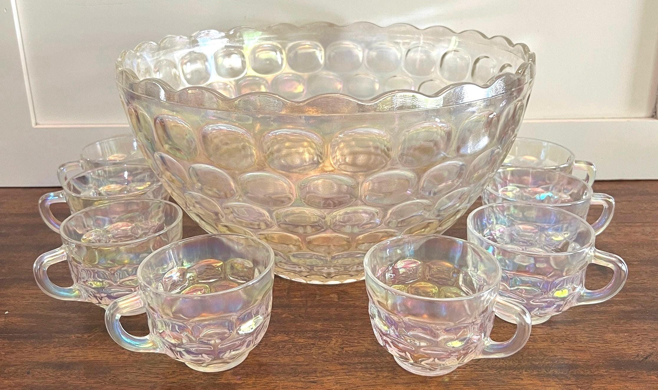 Vintage Federal Glass Iridescent Carnival Punch Bowl Set With 8