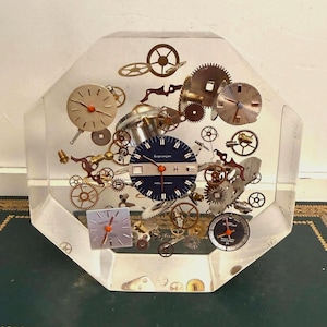 Pierre Giraudon Exploding Clock Lucite Sculpture – Mid Century Modern Watch Parts Paperweight