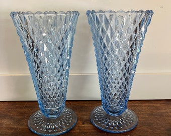 Diamond Point Indiana Pressed Glass Blue Vase