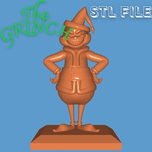 Puede incluir: Un modelo impreso en 3D del Grinch de la película Cómo el Grinch robó la Navidad. El Grinch lleva un gorro de Papá Noel y un traje rojo. El modelo está impreso en color marrón y está de pie sobre una base. STL FILE