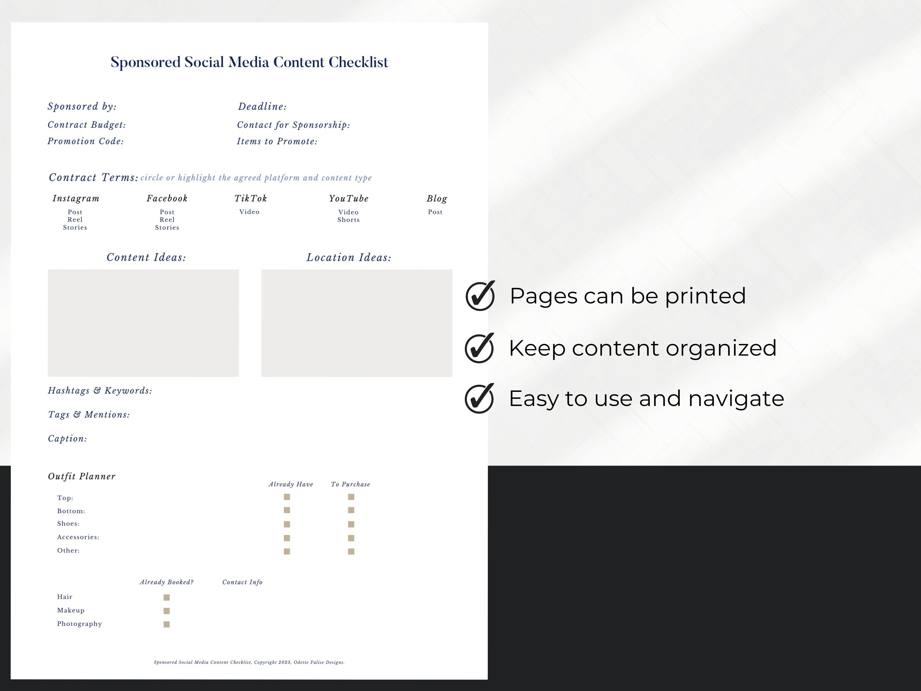 Printable Sponsored Social Media Content Checklist Template, Canva Planner, Printable Content ...