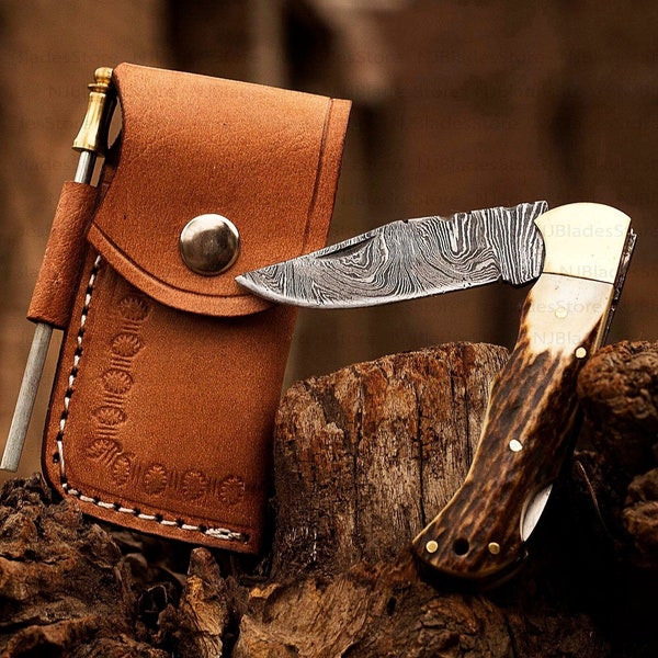 Personalized Damascus Pocket Folding Knife 6.5", Camping Hiking Damascus Pocket Knife, Groomsmen Gift, Husband Gift, Gift for Him, USA