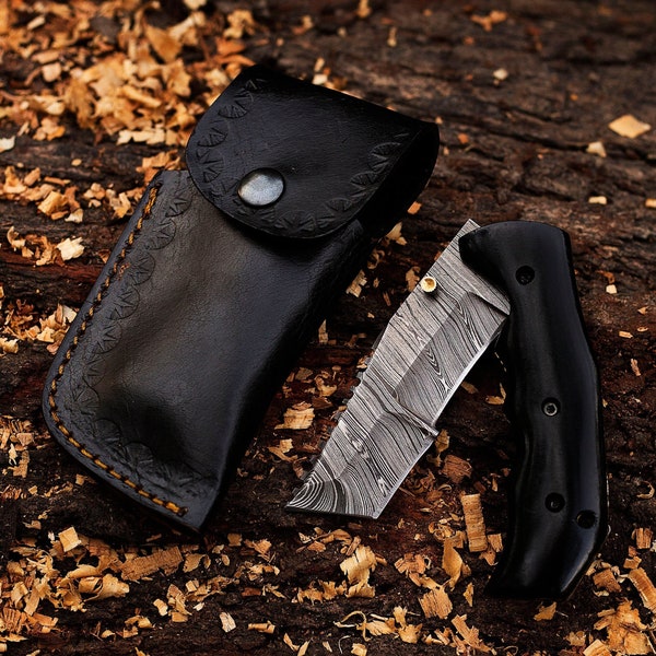 Damascus Steel Folding Knife, Handmade Damascus Pocket Knife, Everyday Carry Knife, Tracker Style Folding Knife, Gift For Him, Gift For Her