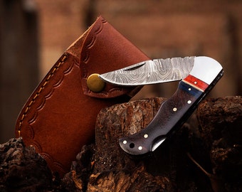 Handmade Damascus Steel Folding Pocket Knife, Rosewood Handle, Leather Sheath