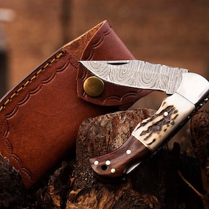 Personalized Damascus Pocket Folding Knife 6.5&quot;, Camping Hiking Handmade Pocket Knife, Husband Gift, Thanksgiving Gift, Christmas Gift USA