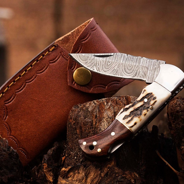 Handmade Damascus Pocket Knife, Folding Knife, Rose Wood, Stag Horn Handle, Personalized Gift, Gift For Him USA