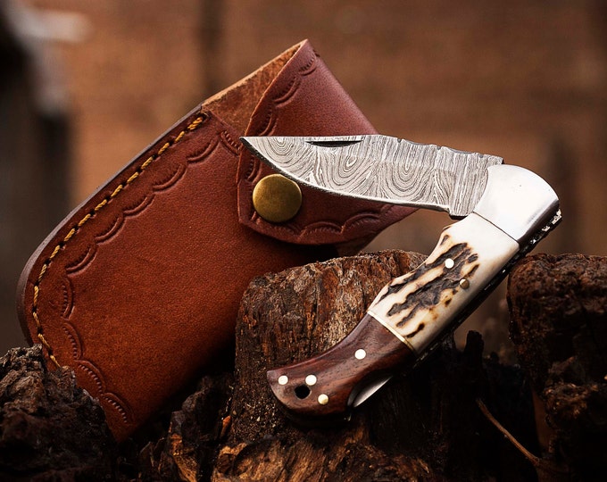 Personalized Damascus Pocket Knife: Handmade Folding Knife with Leather Sheath