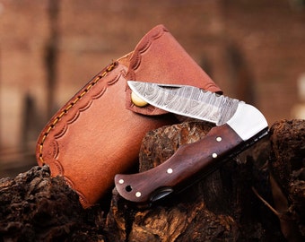 Handmade Damascus Steel Folding Knife: Rosewood Handle, Leather Sheath