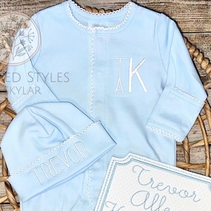 Infant Monogrammed Picot Trim Footie, Cap, Gift Set, Newborn Baby Boy, Hospital Outfit