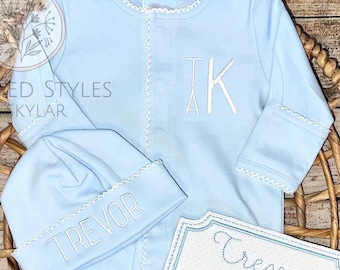 Infant Monogrammed Picot Trim Footie, Cap, Gift Set, Newborn Baby Boy, Hospital Outfit