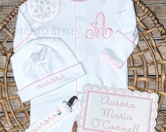 Infant Monogrammed Picot Trim Footie, Cap, Gift Set, Newborn Baby Girl, Hospital Outfit
