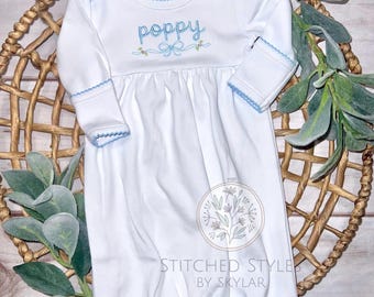 Personalized Embroidered Infant Gown: Organic Cotton Picot Trim