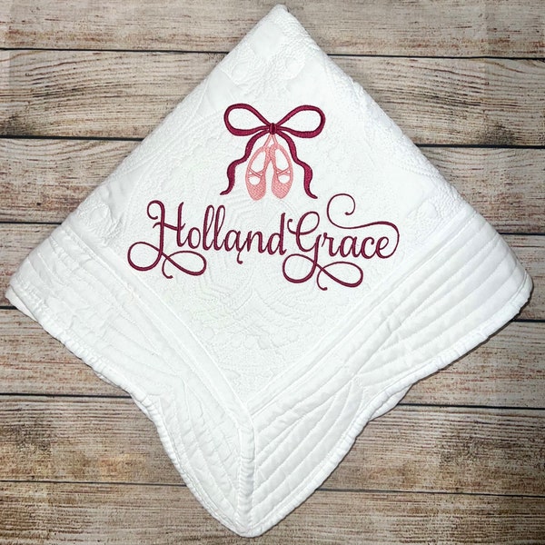 Personalized Embroidered Baby Heirloom Quilt, Ballet Slippers and Bow Design