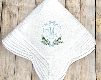 Personalized Baby Heirloom Quilt, Bows and Branches Crest Design, Embroidered