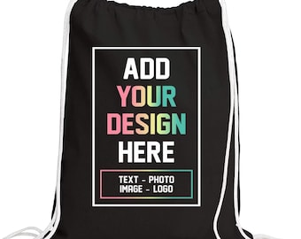 Custom Canvas Drawstring Backpack – Your Logo DTF Print Gym Bag (Black/Beige)