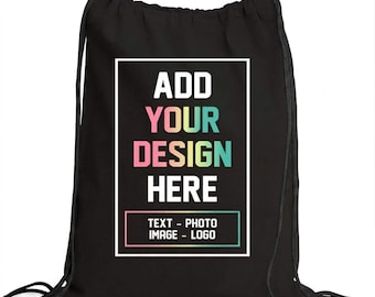 Custom Canvas Drawstring Backpack – Your Logo DTF Print Gym Bag (Black/Beige)