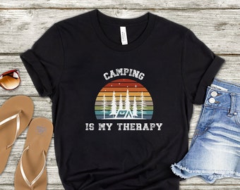 Camping is My Therapy T-Shirt with Retro Sun and Tent Silhouette for Campers Who Love to Heal Outdoors