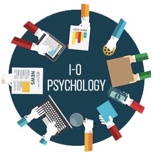 May include: An illustration featuring a dark blue circle with the text "I-O PSYCHOLOGY". The image includes a laptop, tablet, magnifying glass, and documents, all arranged around the central circle.