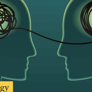 May include: Illustration depicting two silhouetted heads, one with a tangled black line representing thoughts, connected to a head with a clear, circular thought. The image has a teal background with the text "Social Psychology" in a yellow box.