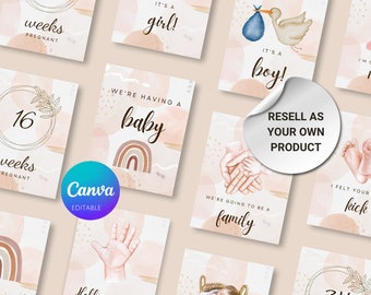 PLR, reventa, Tarjetas x37 de hitos del embarazo, estética beige, tonos cálidos, acuarela, imprimible, uso comercial, edición Canva, boho