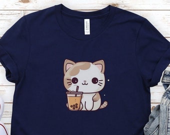 Camiseta con gatito adorable y té de burbujas, camiseta kawaii de Neko, camiseta de té de burbujas, camiseta para amantes de los gatos, camiseta de gato con té de burbujas, camiseta de gato con té de burbujas, regalo ideal para niñas