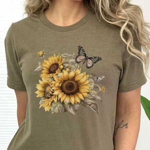 Sunflowers Shirt, Sunflowers and Butterfly Tshirt, Floral Shirt, Flowers Shirt, Botanical Shirt, Gift for Nature Lover, Gift for Plant Lover