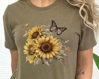 Sunflowers Shirt, Sunflowers and Butterfly Tshirt, Floral Shirt, Flowers Shirt, Botanical Shirt, Gift for Nature Lover, Gift for Plant Lover