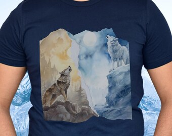 Unisex Howling Wolf Shirt, Two Wolves Howling at the Moon in Sepia and Icy Blue Colored Graphics Gift for Animal or Nature Lover Graphic Tee