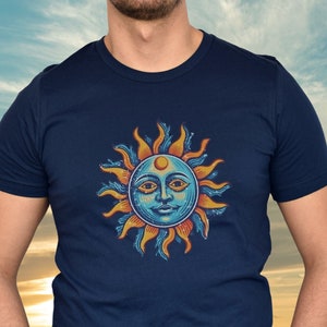 Unisex Blue & Orange Sun Face Shirt, Smiling Sun T-Shirt, Sun Graphic Tee, Retro Sun Face Tshirt, Sunshine Shirt, Fun Summer Vacation TShirt