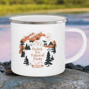 Protect Our National Parks Enamel Mug, Mountain Coffee Cup, Park Protection Advocate, Gift for Nature Lover, Gift for Camper, Camping Mug