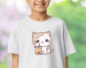 Camiseta infantil con diseño de gato y té de burbujas, camiseta juvenil para amantes del té de burbujas, camiseta kawaii de Neko para amantes del té con leche, regalo divertido y adorable para niña o niño