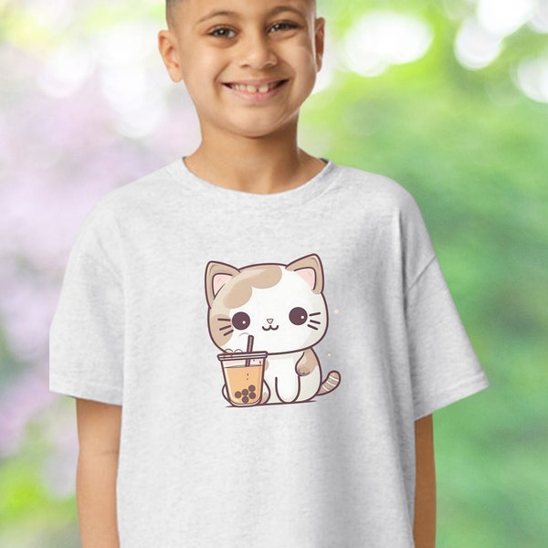 Kids Cute Cat Boba Shirt,Bubble Tea Youth T-Shirt, Kawaii Neko Milk Tea Lover T-Shirt, Fun and Cute Gift for Girl or Boy