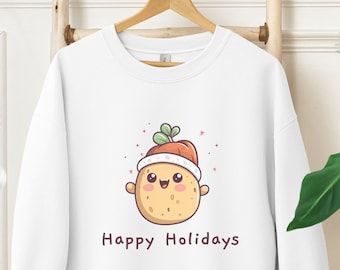 Happy Holidays Potato Sweatshirt, Features a Cute Spud in Santa Hat, Fun Christmas Sweater, Holiday Apparel, Kawaii Gift for Tater Lover